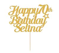 Cake Topper Personalised Happy Birthday Cake Topper Cake Decorations Double Sided Glitter Cake Toppers with Any Name & Age for 1st 10th 18th 20th 21st 40th 50th 60th 70th 80th (Gold)