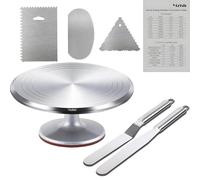 Cake Turntable Aluminum Alloy, Yizish 12 Inch Rotating Cake Stand Decorating Kits with Stainless Steel Icing Spatula (2pcs) and Icing Smoother (3pcs) for Baking, Pastries and Cupcakes (7pcs)