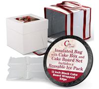 Cakebon Cake Box and Boards, 12-Inch Round Black Wrapped Edges 1/2- Inch Thick Drums with Insulated Bag and Ice Pack - Cake Transport Set, Carry Bag for Delivery (1pc Each, 4pcs Total)