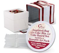 Cakebon Cake Box and Boards, 8-Inch Round White Wrapped Edges 1/2- Inch Thick Drums with Insulated Bag and Ice Pack - Cake Transport Set, Carry Bag for Delivery (1pc Each, 4pcs Total)