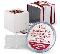 Cakebon Cake Box and Cake Boards, 8 Inches Round Silver Smooth Edge Cake Drums 1/2 Inch Thick Combo with Insulated Bag for Cakes and Ice Packs for Coolers (1-Pack)