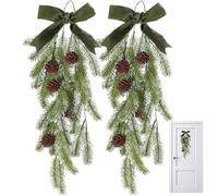 CAKEEYUM 2PCS Christmas Swag 27 Inch Christmas Teardrop Swag with Pinecones & Velvet Bow Hanging Door Wreath for Winter Wall Window Home Decor Green, Swags, Teardrop