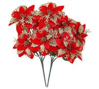 CAKEEYUM 2Pcs Poinsettias Artificial Christmas Flowers 12.6in Lifelike Glitter Silk Poinsettia Flowers Artificial 5 Head Christmas Decorations for Indoor Outdoor