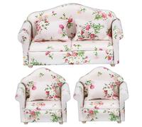 CAKEEYUM 3Pcs/Set 1 12 Scale Dollhouse Furniture, Floral Pattern Double ? Single Dollhouse Couch with Pillow Armchair Sofa Living Room Furniture Wooden Accessories Furn