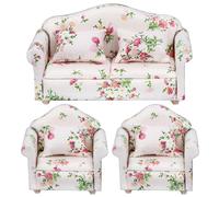 CAKEEYUM 3Pcs/Set 1 12 Scale Dollhouse Furniture, Floral Pattern Double ＆ Single Dollhouse Couch with Pillow Armchair Sofa Living Room Furniture Wooden Accessories