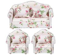 CAKEEYUM 3Pcs/Set 1 12 Scale Dollhouse Furniture Floral Pattern Double ＆ Single Dollhouse Couch with Pillow Armchair Sofa Living Room Furniture Wooden Accessories