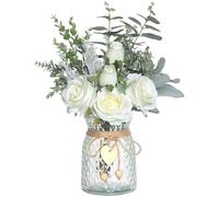 CAKEEYUM Artificial Flowers in Vase, 14.5x11 Inch Lifelike Roses Faux Flowers in Vase, Silk with Green Leaves, Fake in for Home Kitchen Office Table Centerpiece, White Artificial