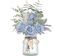 CAKEEYUM Artificial Flowers in Vase 14.5x11 Inch Lifelike Roses Faux Flowers in Vase Silk with Green Leaves Fake in for Home Kitchen Office Table Centerpiece Blue