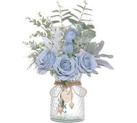 CAKEEYUM Artificial Flowers in Vase, 14.5x11 Inch Lifelike Roses Faux Flowers in Vase, Silk with Green Leaves, Fake in for Home Kitchen Office Table Centerpiece, Blue Artificial