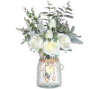 CAKEEYUM Artificial Flowers in Vase 14.5x11 Inch Lifelike Roses Faux Flowers in Vase Silk with Green Leaves Fake in for Home Kitchen Office Table Centerpiece White