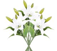 CAKEEYUM Artificial Lilies 5Pcs 14.6" Realistic Lily Flowers Artificial with Short Stem & Leaves Low Maintenance Rubberized Fabric Lily Flowers for Decoration, White Lilies Art