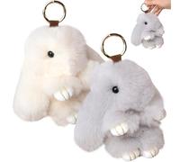 CAKEEYUM Bunny Keychain 2Pcs 6in Furry Rabbit Keychain Artificial Hanging Plush Decorative Fluffy for Backpack, Car Key, Hand Bag and More, Geige + Light Grey