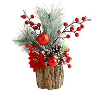 CAKEEYUM Christmas Flowers Red Berry Pine Cone Greenery Christmas Tree Mini with Artificial Bark Pot for Home Indoor Fireplace Decor Flowers Artificial, Decorations Indoor, De