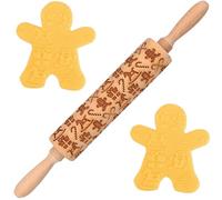CAKEEYUM Christmas Rolling Pin Wooden 14 Inch Gingerbread Man Embossed Rolling Pin with Candy Cane Box & Rocking Horse for Baking Cookies Pie Christmas, Embossed