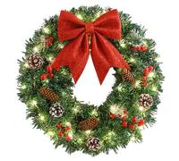 CAKEEYUM Christmas Wreath with LED Lights 16 Inch Pre-lit Hanging Christmas Wreath with Large Bow Pinecone Red Berries for Front Door Holiday Decor