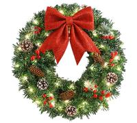 CAKEEYUM Christmas Wreath with LED Lights 16 Inch Pre-lit Hanging Christmas Wreath with Large Bow Pinecone Red Berries for Front Door Holiday Decor Lighted, with Lights, C
