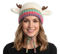 CAKEEYUM Deer Antler Hat Cute Warm Windproof Deer Hat Ear Protection Reindeer Beanie with Strap for Winter Beige Antler, Reindeer, Beanie with Ears