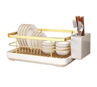 CAKEEYUM Dish Drying Rack, Space-Saving Gold Dish Drying Rack with Drip Tray, Carbon Steel Dish Rack with Cutlery Holder, Removable Dish Drainers for Kitchen Counter Dish RackDish Drying Rack Gold Di