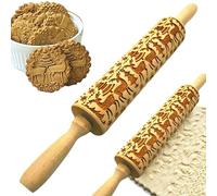 CAKEEYUM Embossed Rolling Pin 14 inch Reindeer Tree Engraved Wooden Rolling Pin Easy to Clean Cookies Mold for Christmas Party Kitchen Tools Embossed, Pins for Baking, for D