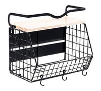 CAKEEYUM Magnetic Shelf with Wood Lid, Heavy Duty Iron Magnetic Basket with 4 Hooks Fruit Spice Wall Basket for Kitchen Organization and Storage Pantry Storage Shelf for Fridge