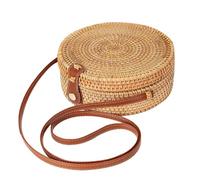CAKEEYUM Rattan Crossbody Bag for Women Round Rattan Bag Round Woven Shoulder with Leather Strap and Buckle Fashionable Summer Beach for Women Travel Crossbody Woven Shoulder Ratt