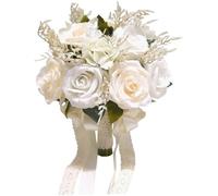 CAKEEYUM Wedding Bouquet, White Silk Rose Bridal Bouquet, Realistic Wedding Flowers with Silk Ribbon, Decorative Artificial Flower for Ceremony Church Decor Brida