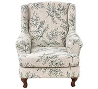 CAKEEYUM Wingback Chair Slipcover Stretch Wing Back Chair Covers with Arms Leaf Printed Washable Armchair Slipcover with Elastic Bottom for Living Room Bedroom Hotel Wingback, Wing Back