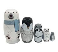 CAKEEYUM Wooden Russian Nesting Dolls 5Pcs / Set Cute Matryoshka Polar Bear Penguin Owl Dolls Educational Learning Kids Toys for Birthday Christmas Home Decorations Nesting, Russian