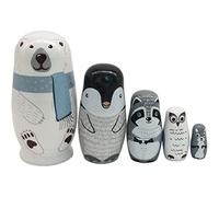 CAKEEYUM Wooden Russian Nesting Dolls 5Pcs / Set Cute Matryoshka Polar Bear Penguin Owl Dolls Educational Learning Kids Toys for Birthday Christmas Home Decorations Nesting, Russian