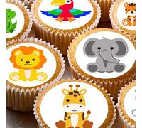 cakes 24 edible PRE CUT Jungle animals kids childrens party decorations Wafer Paper Cupcake Topper Cake, 4.2cm