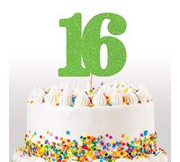 Cakeshop 16th Birthday Glitter Cake Topper, Age 16 Cake Topper Decoration, 16th Anniversary - Double Sided 400gsm Glitter Card, Choice 14 of Colours and Loads of Styles (Green)
