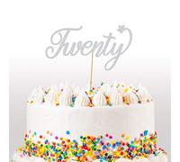 Cakeshop 20th Birthday Glitter Cake Topper, Age 20 Cake Topper Decoration, 20th Anniversary - Double Sided 400gsm Glitter Card, Choice 14 of Colours and Loads of Styles (Light Silver)