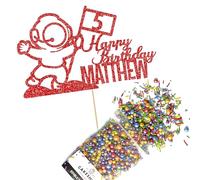Cakeshop Cake Decoration Pack | Astronaut Spaceman Premium Double Sided Glitter Card Cake Topper Sign & 25g Party Pack of Cake Sugar Sprinkles | Custom Name & Age Cake Decoration (Red)