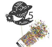 Cakeshop Cake Decoration Pack | Birthday Space Rocket Premium Double Sided Glitter Card Cake Topper & 25g Party Pack of Cake Sugar Sprinkles | Custom Name & Age Cake Decorations (Gold)