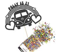 Cakeshop Cake Decoration Pack | Campervan 60s Theme Premium Double Sided Glitter Card Cake Topper & 25g Party Pack of Cake Sugar Sprinkles | Custom Name & Age Cake Decorations (Black)