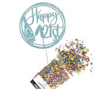 Cakeshop Cake Decoration Pack | Champagne Happy Birthday Premium Double Sided Glitter Card Cake Topper Sign & 25g Party Pack of Cake Sugar Sprinkles | Custom Age Cake Decorations (Baby Blue)