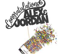 Cakeshop Cake Decoration Pack | Congratulations Wedding Premium Double Sided Glitter Card Cake Topper & 25g Party Pack of Cake Sugar Sprinkles for your Celebration | Custom Name Cake Decoration Black