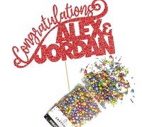 Cakeshop Cake Decoration Pack | Congratulations Wedding Premium Double Sided Glitter Card Cake Topper & 25g Party Pack of Cake Sugar Sprinkles for your Celebration | Custom Name Cake Decoration (Red)