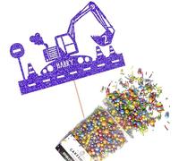 Cakeshop Cake Decoration Pack | Construction Digger Premium Double Sided Glitter Card Cake Topper & 25g Party Pack of Cake Sugar Sprinkles | Custom Name & Age Cake Decorations (Bright Blue)