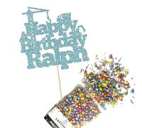 Cakeshop Cake Decoration Pack | Construction Theme Premium Double Sided Glitter Card Cake Topper Sign & 25g Party Pack of Cake Sugar Sprinkles | Custom Name Cake Decorations (Baby Blue)