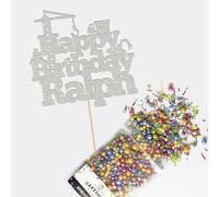 Cakeshop Cake Decoration Pack | Construction Theme Premium Double Sided Glitter Card Cake Topper Sign & 25g Party Pack of Cake Sugar Sprinkles | Custom Name Cake Decorations (Light Silver)