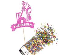Cakeshop Cake Decoration Pack | Cricket Theme Premium Double Sided Glitter Card Cake Topper Sign & 25g Party Pack of Cake Sugar Sprinkles | Custom Name & Age Cake Decorations (Baby Pink)