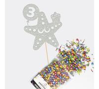 Cakeshop Cake Decoration Pack | Cute Birthday Starfish Premium Double Sided Glitter Card Cake Topper Sign & 25g Party Pack of Cake Sugar Sprinkles | Custom Age Cake Decorations (Light Silver)