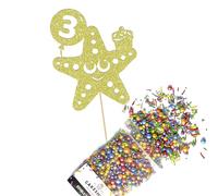 Cakeshop Cake Decoration Pack | Cute Birthday Starfish Premium Double Sided Glitter Card Cake Topper Sign & 25g Party Pack of Cake Sugar Sprinkles | Custom Age Cake Decorations (Champagne)
