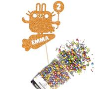 Cakeshop Cake Decoration Pack | Cute Bunny Rabbit Premium Double Sided Glitter Card Cake Topper Sign & 25g Party Pack of Cake Sugar Sprinkles | Custom Name & Age Cake Decorations (Orange)