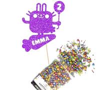 Cakeshop Cake Decoration Pack | Cute Bunny Rabbit Premium Double Sided Glitter Card Cake Topper Sign & 25g Party Pack of Cake Sugar Sprinkles | Custom Name & Age Cake Decorations (Purple)
