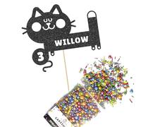 Cakeshop Cake Decoration Pack | Cute Cat Birthday Premium Double Sided Glitter Card Cake Topper Sign & 25g Party Pack of Cake Sugar Sprinkles | Custom Name & Age Cake Decorations (Black)
