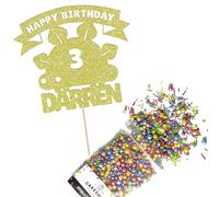 Cakeshop Cake Decoration Pack | Cute Dinosaur Birthday Premium Double Sided Glitter Card Cake Topper & 25g Party Pack of Cake Sugar Sprinkles | Custom Name & Age Cake Decorations (Champagne)