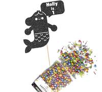 Cakeshop Cake Decoration Pack | Cute Mermaid Birthday Premium Double Sided Glitter Card Cake Topper & 25g Party Pack of Cake Sugar Sprinkles | Custom Name & Age Cake Decorations (Black)