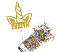 Cakeshop Cake Decoration Pack | Cute Unicorn Horn Premium Double Sided Glitter Card Cake Topper Sign & 25g Party Pack of Cake Sugar Sprinkles | Custom Name Cake Decorations (Gold)